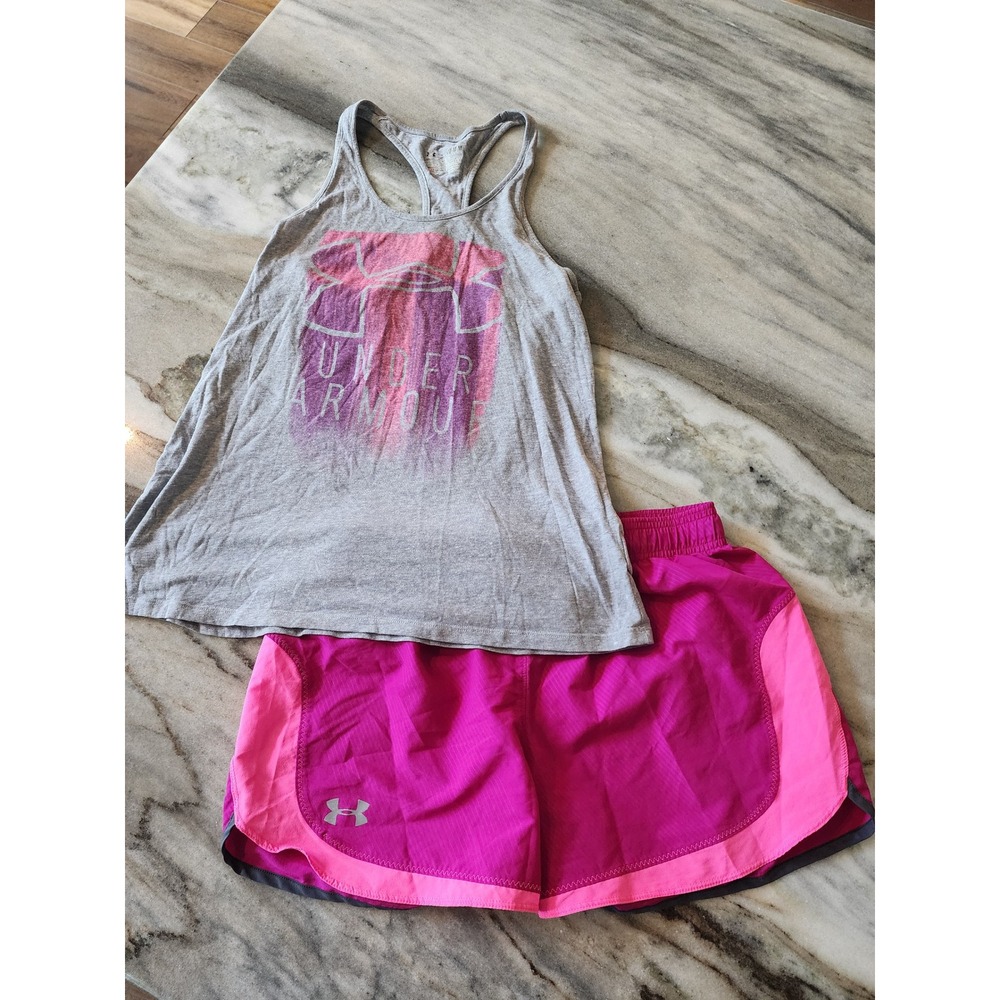 Under Armour Girls HeatGear Activewear Set Gray Pink Tank & Shorts Youth XL/Med
